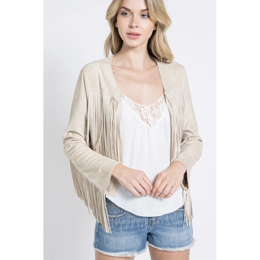 VOCAL FAUX SUEDE JACKET Western Boho Fringe Crop hippie cream Size Med - Picture 2 of 7